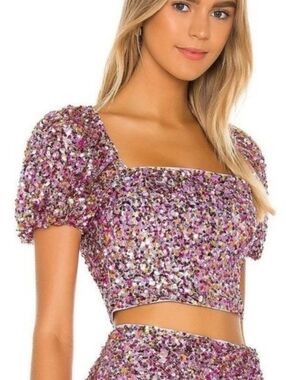 LPA Reese Sequin Crop Top Bustier Puff Sleeve Pink Gold Revolve Size XS Party